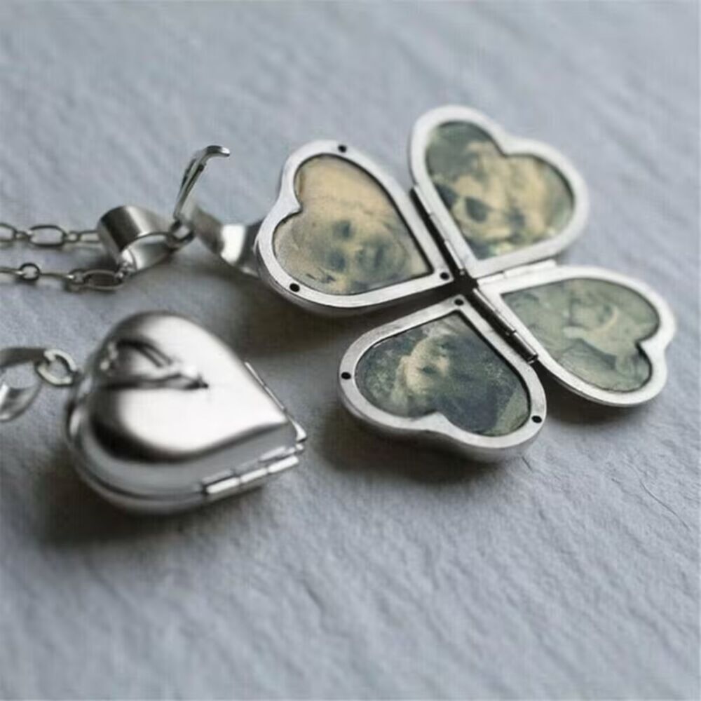 Silver Heart Locket Pendant Necklace Memory 4 Photo Gift Open Charm Frame Retro